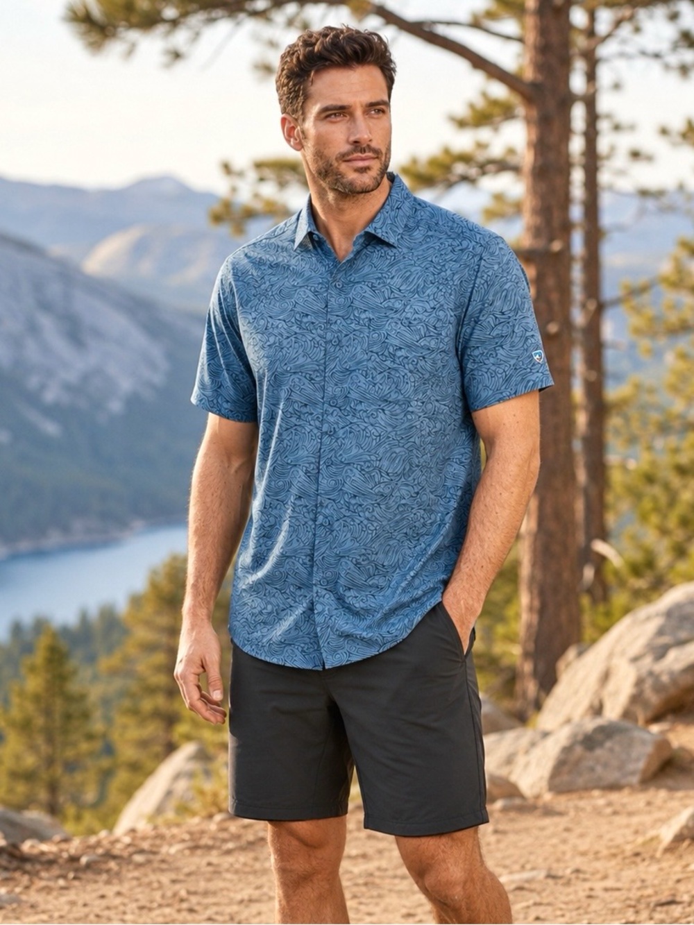 KÜHL Persuadr Men’s XL Blue Steel Wave Print UPF 50 Performance Shirt